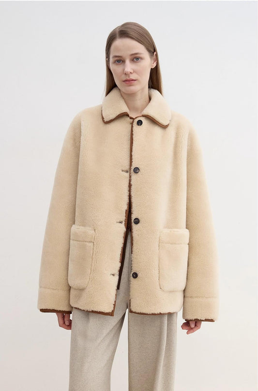 "Winter Concerto" Lapel Wool Artificial Compound Vintage Contrast Colored Shearling Coat