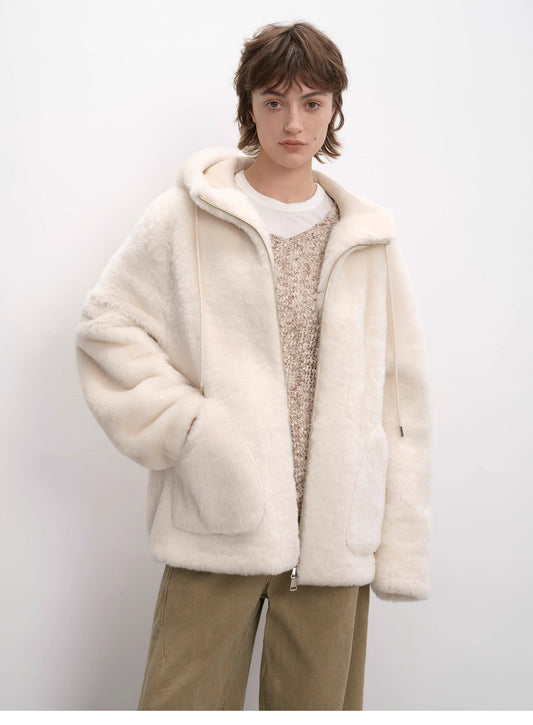 Casual hooded silhouette dropped shoulder wool sheepskin fur coat for women