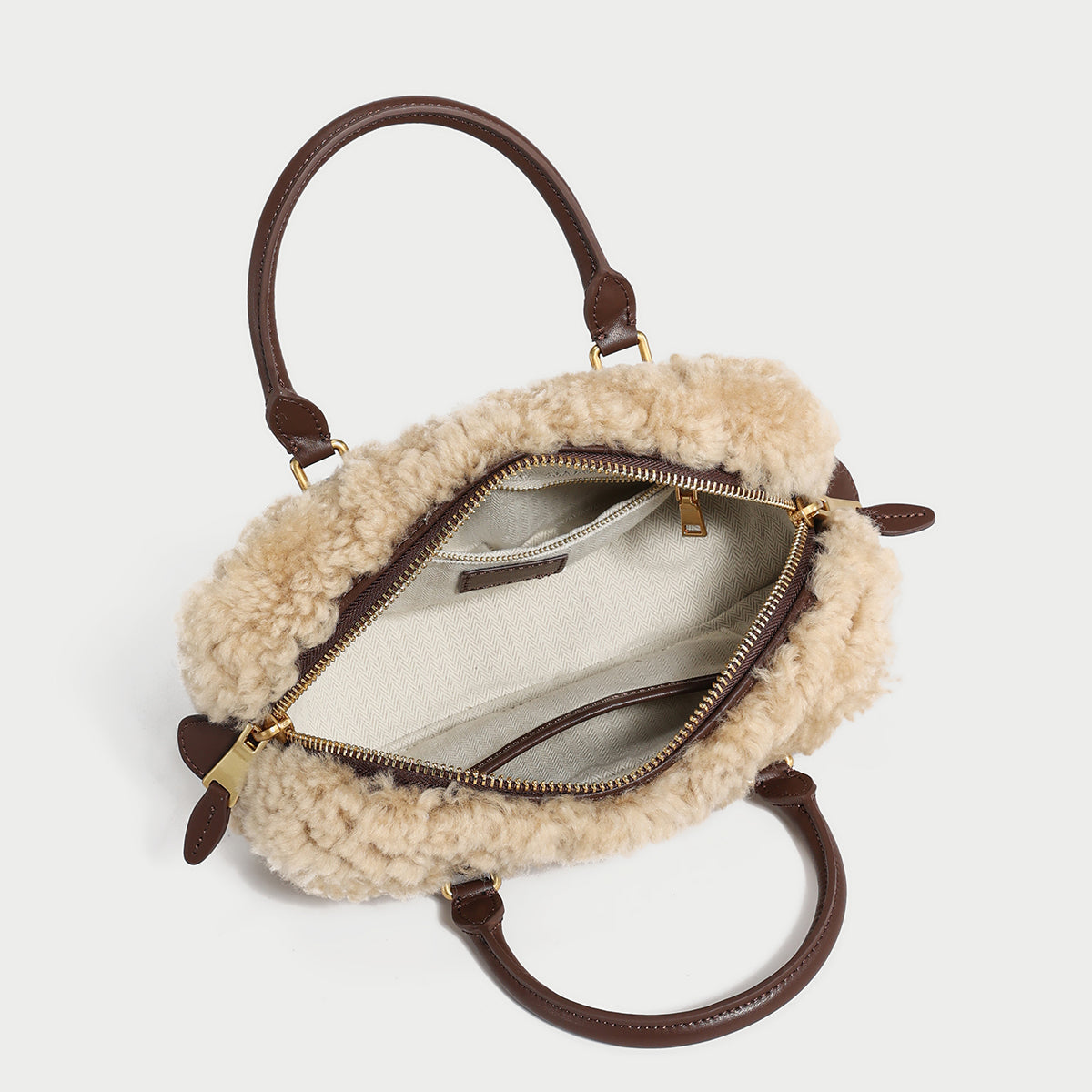 Beige Sherpa Fur Trimmed Elongated Top Handle Bag-4