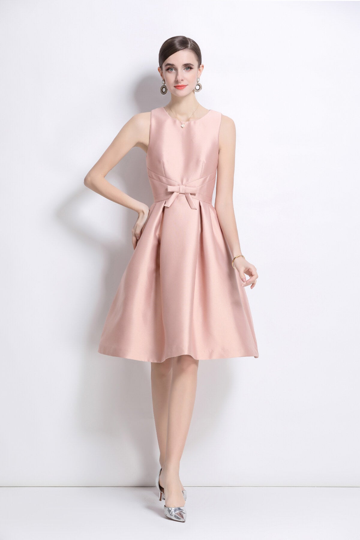 Belted Bowknot Satin Fitted Midi Dress-5