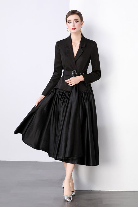 Black Belted Blazer Flared Midi Dress-1