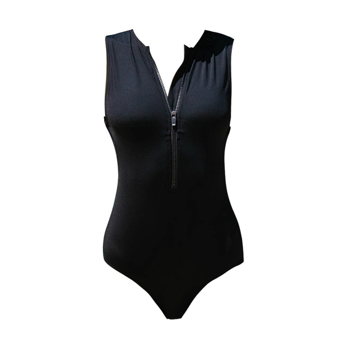 Black One Piece Body Sculpt Zipper Swimsuit-3