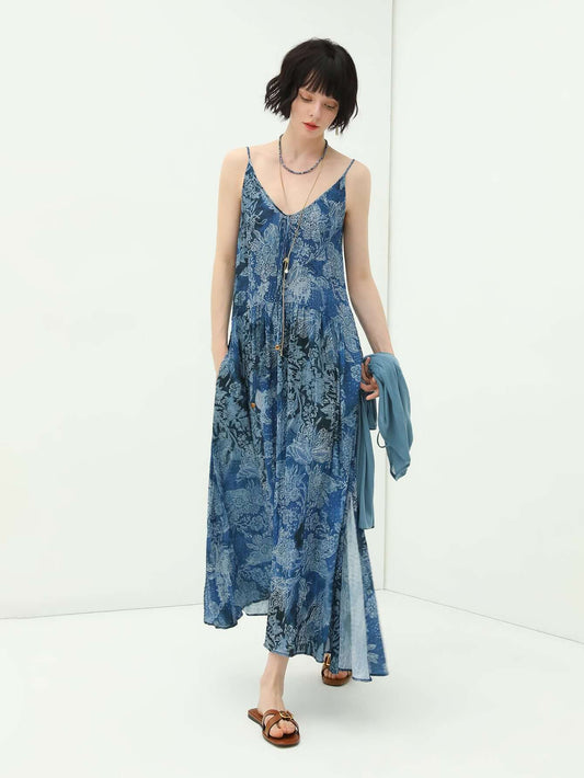 Bohemian Blue Floral Textured Maxi Dress-1