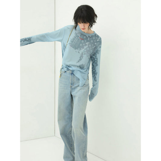 Classic Bleached Low Waist Straight-leg Blue Jeans-1