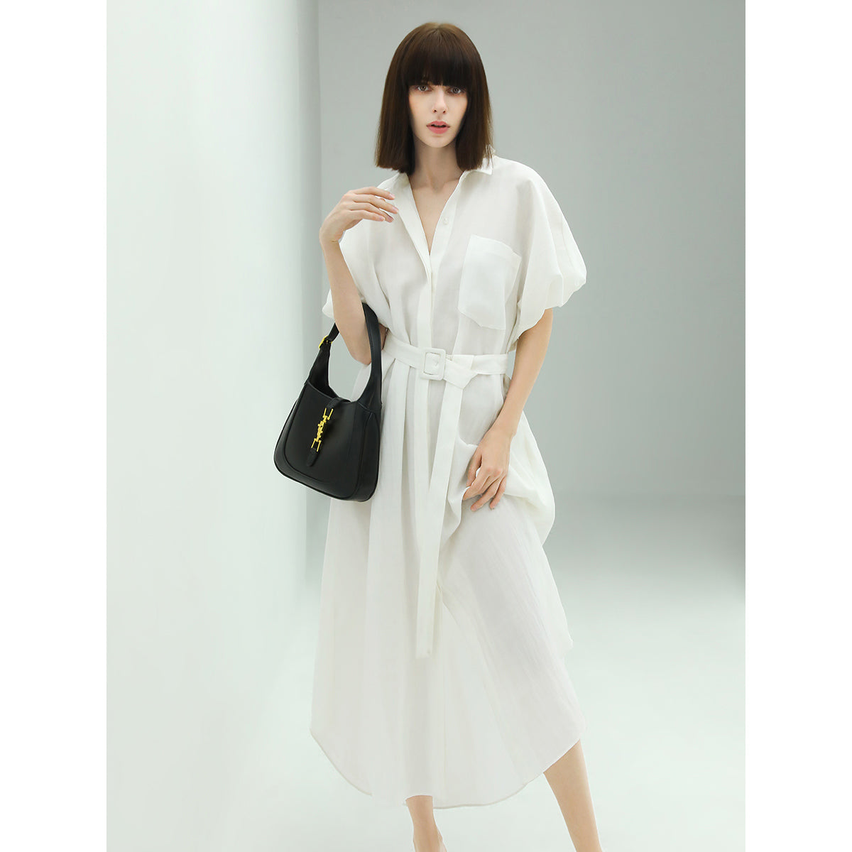 Corporate Puff Sleeved Belted Shirt Dress-6