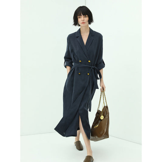 Elite Double Breasted Silk Drape Navy Blazer Dress-1