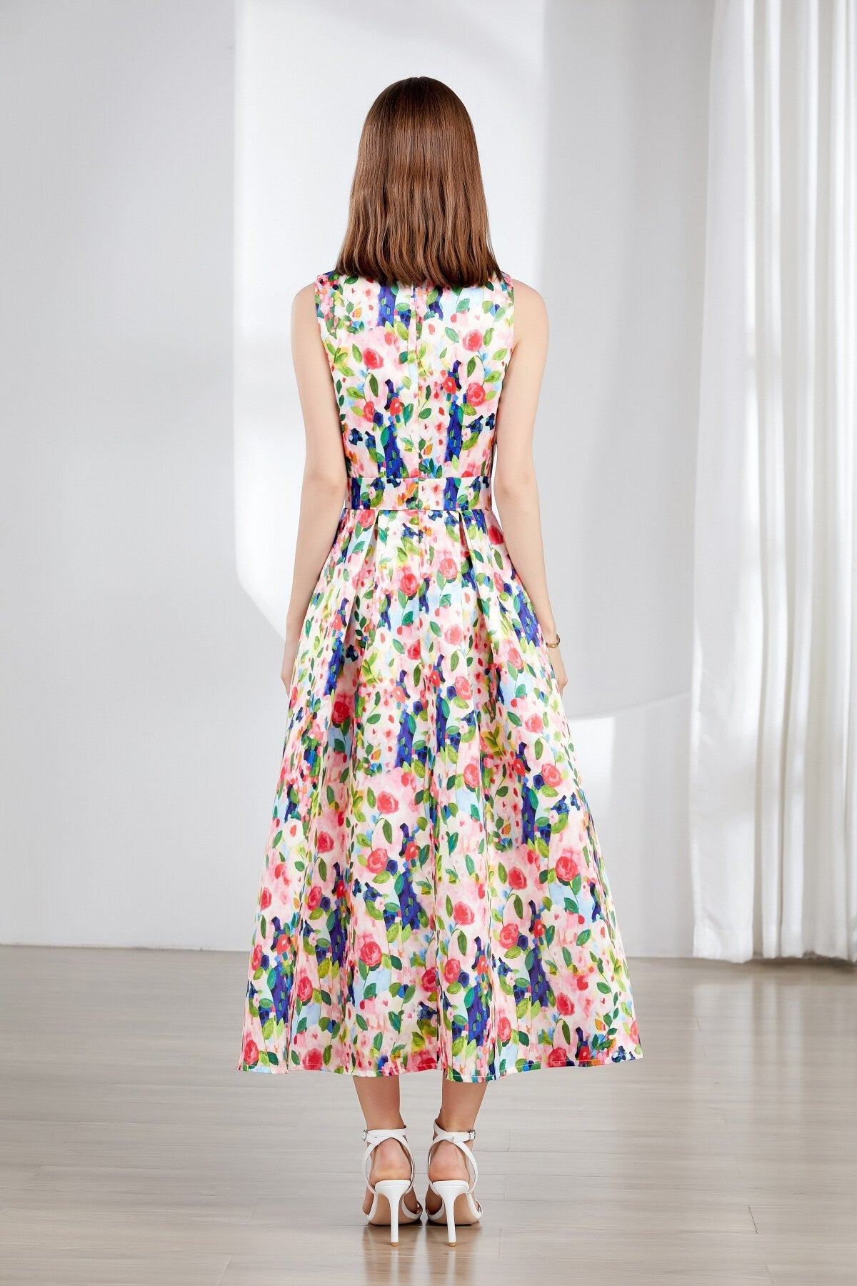 Floral Sleeveless Boatneck Flared A Line Midi Dress-3
