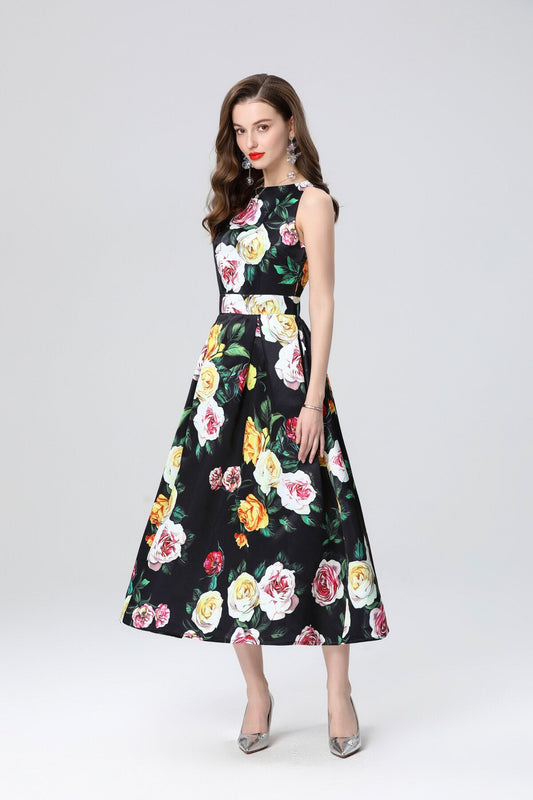 Garden Floral Structured Sleeveless High Waisted A Line Dress-1