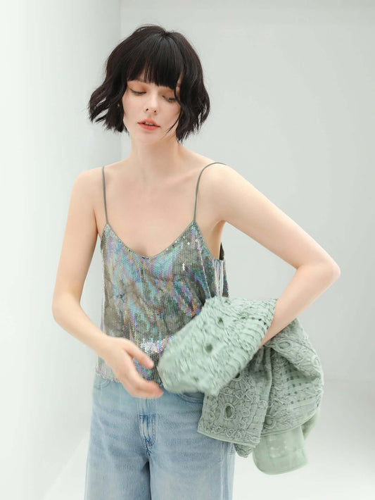 Green Tie-dye Sequined Top-1