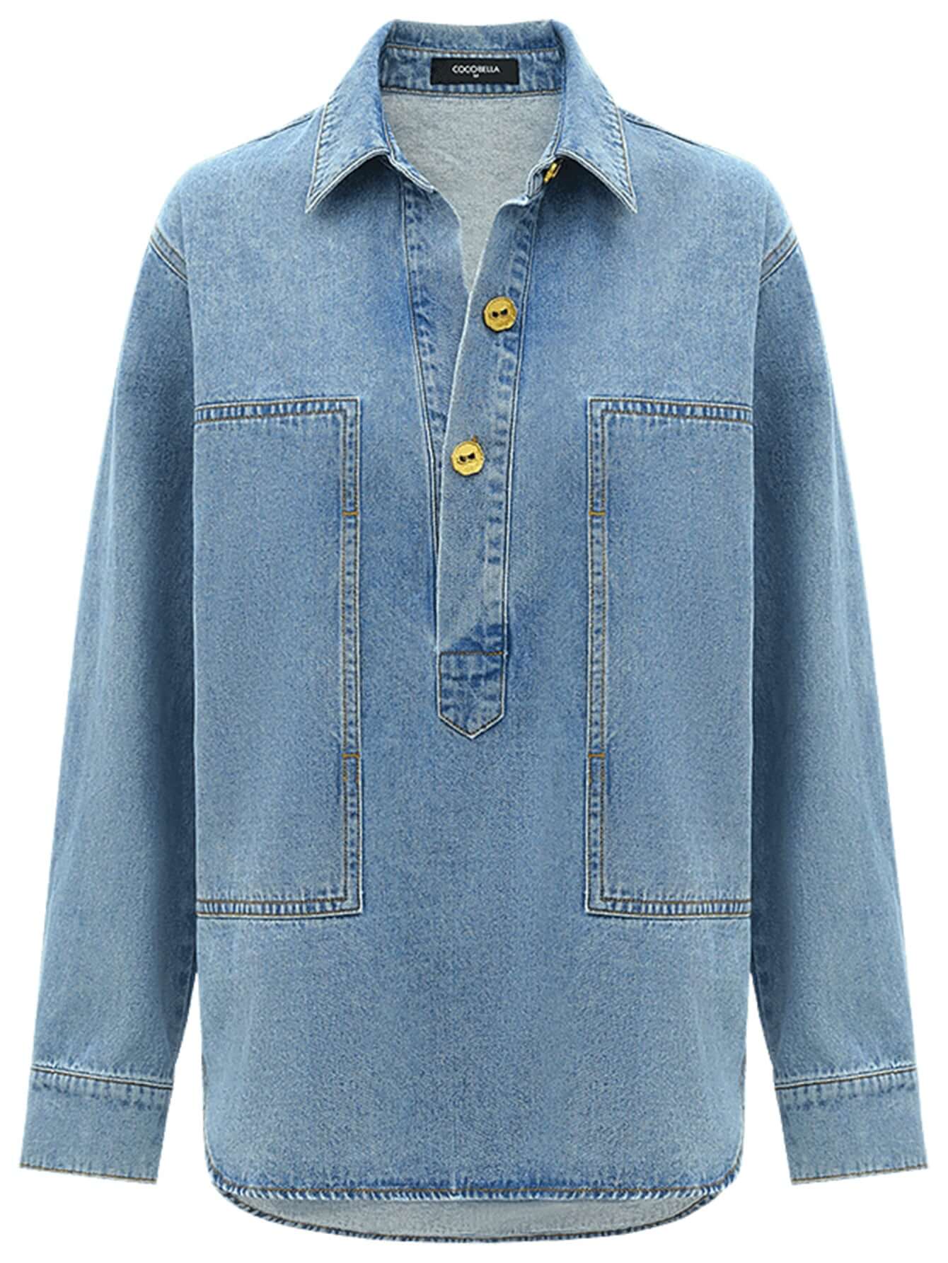 Long Sleeved Blue Denim Shirt with Contrasting Mustard Buttons-3