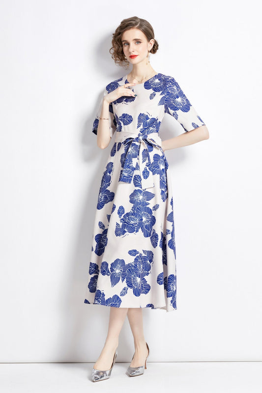 Porcelain Blue Vintage Print Waist Cinching Midi Dress-1