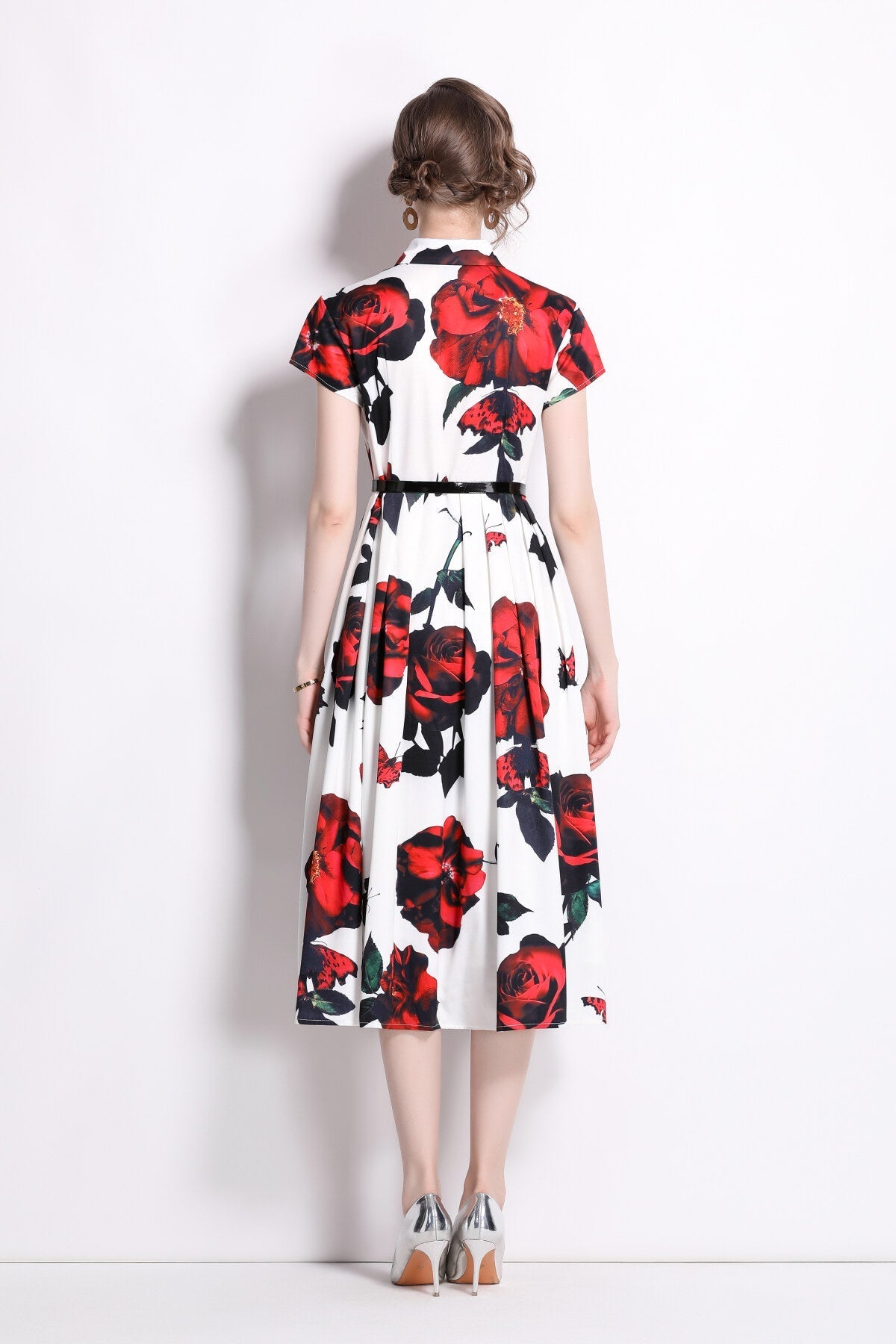 Romantic Rose Lapel Collar Shirt Dress-3