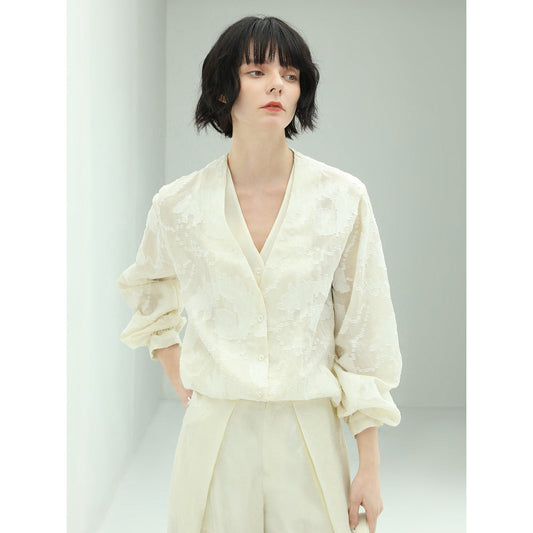 Sheer Floral Ivory Lace Long Sleeve Shirt-1