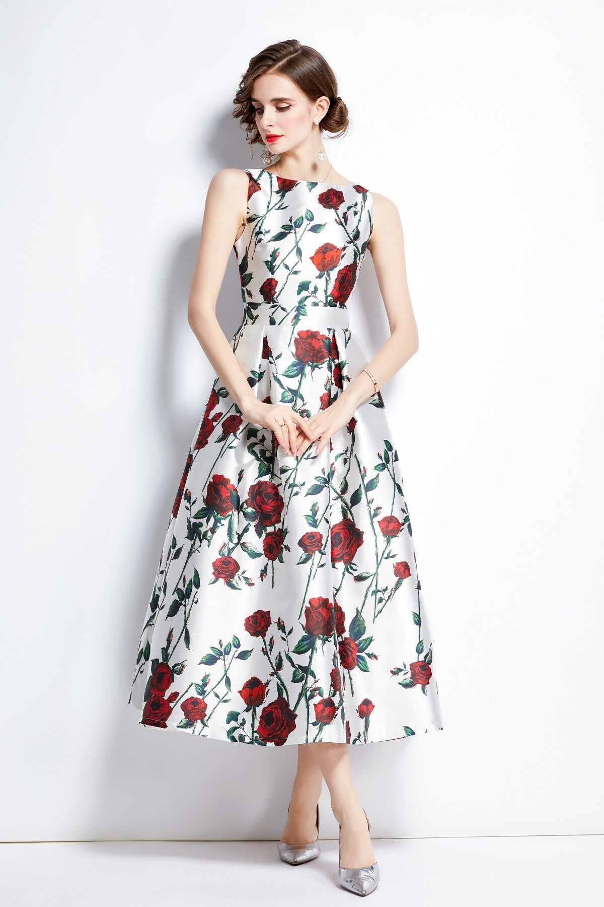 Sleeveless High Waisted A Line Tea Dress-4