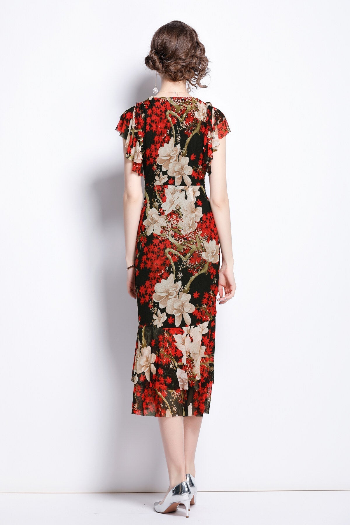 Slim Fit Plunging Neckline Floral Red Bodycon Dress-3