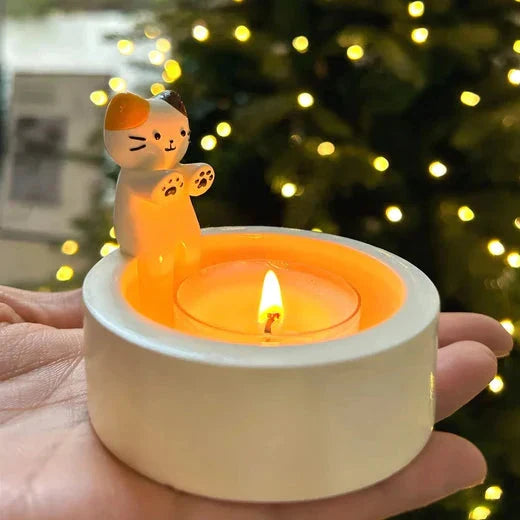 Söt kattljusstake - Katt vid lägerelden