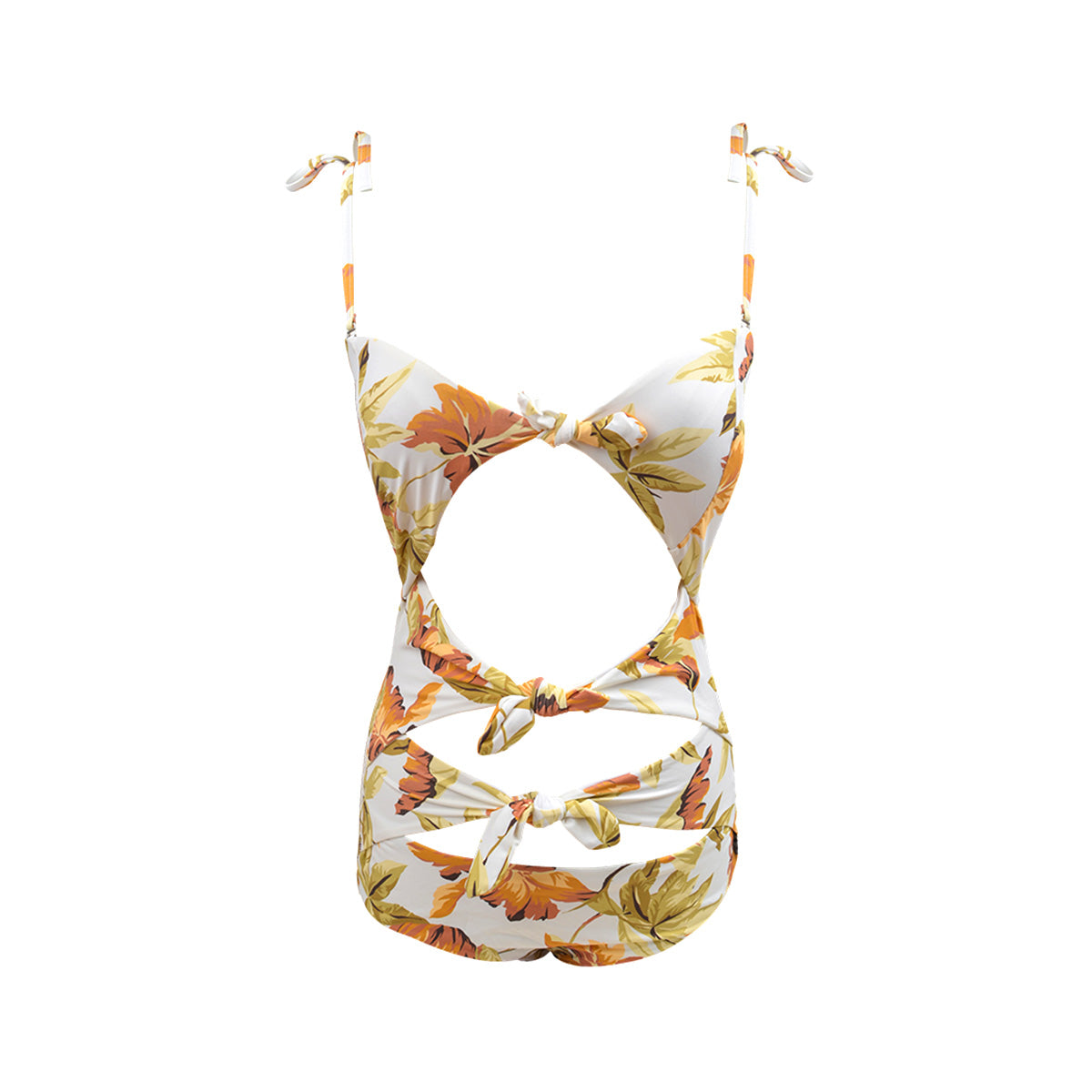 Summer Floral Swimsuit with Cascading Ribbon Cutouts-3