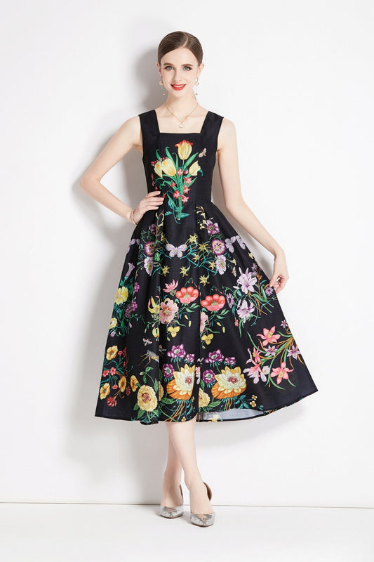 Vintage Black Floral High Waisted Spaghetti Strap Dress-1