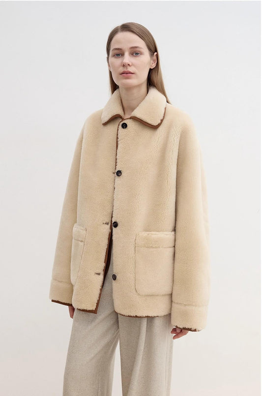 "Winter Concerto" Lapel Wool Artificial Compound Vintage Contrast Colored Shearling Coat