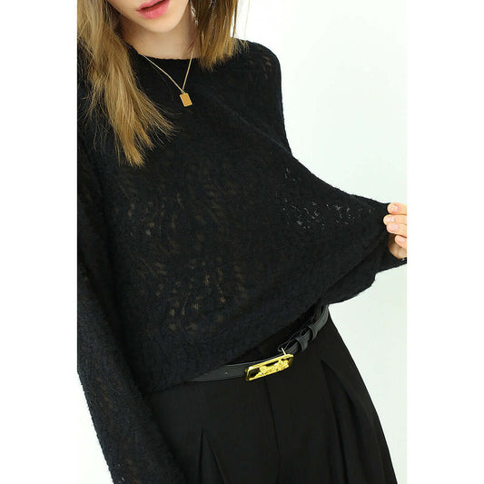 3D Hollow-out Jacquard Black Knit Top-1
