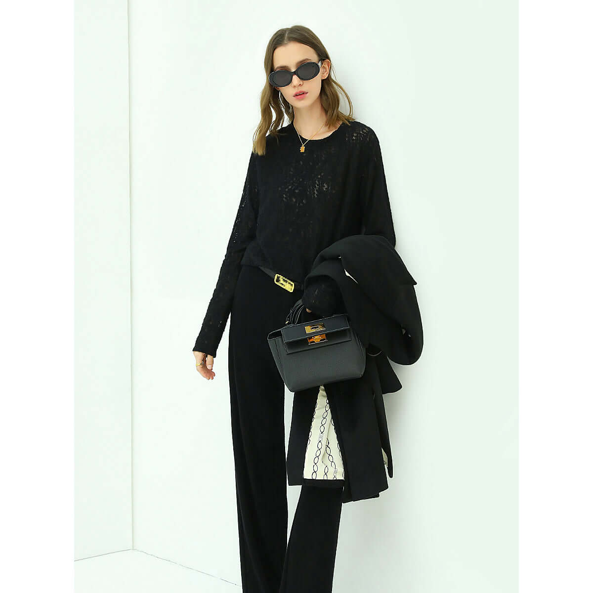 3D Hollow-out Jacquard Black Knit Top-2