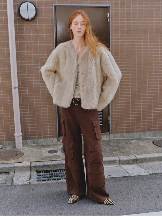 "Darcy Manor" imported Tuscan straight wool sheepskin sweetheart collar short fur coat