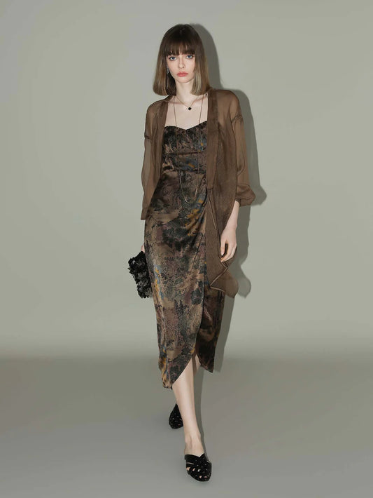 Oriental Gold Ruched Satin Print Slip Dress