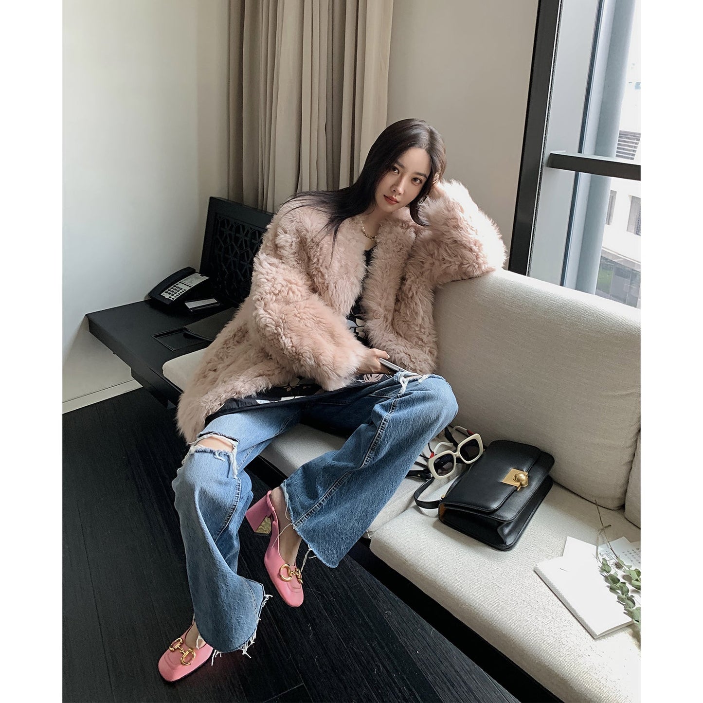 Peach Sheepskin Coat for Winter