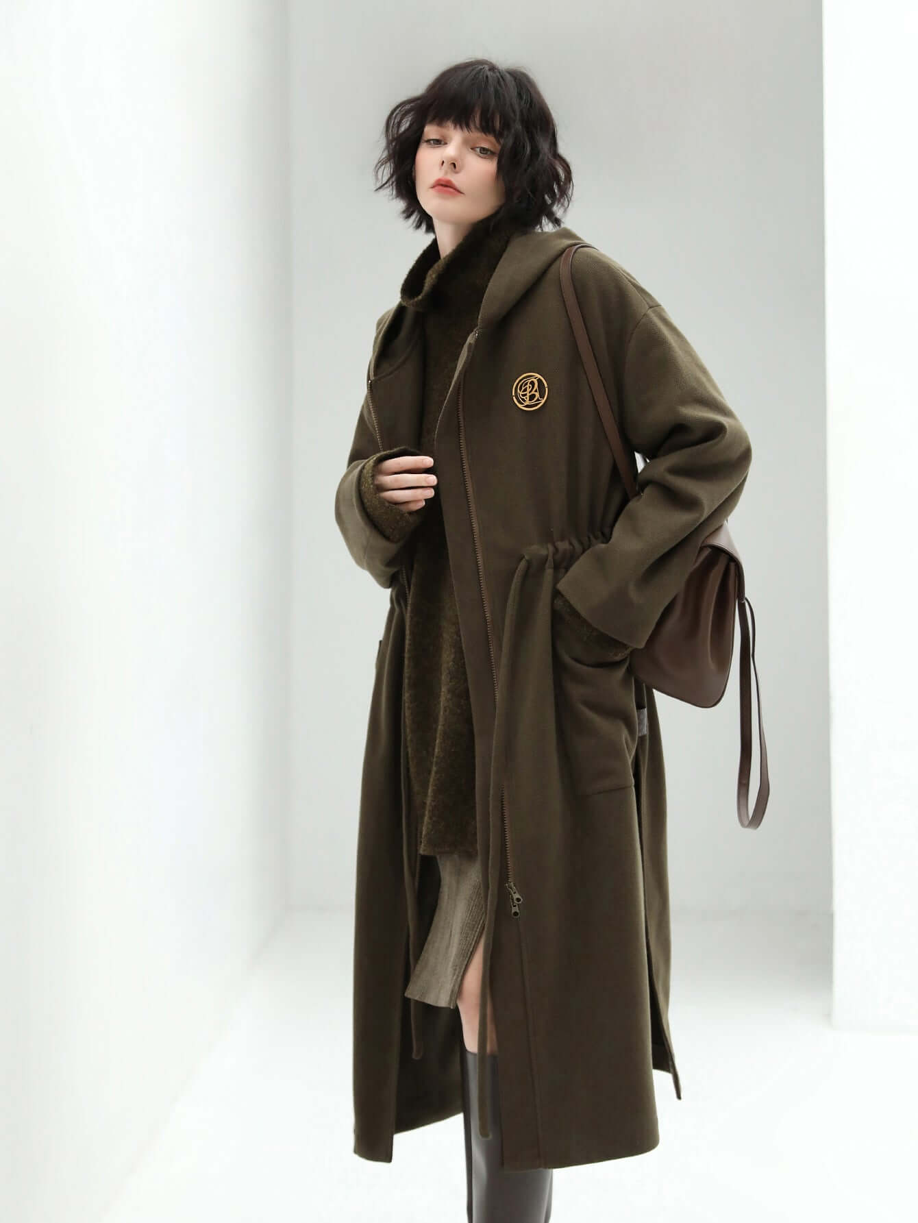 Adjustable Drawstring Brown Hooded Wool Coat Women-0