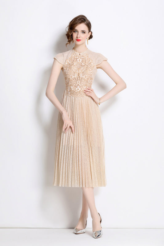 Apricot Lace Embroidered Pleated Midi Dress-0
