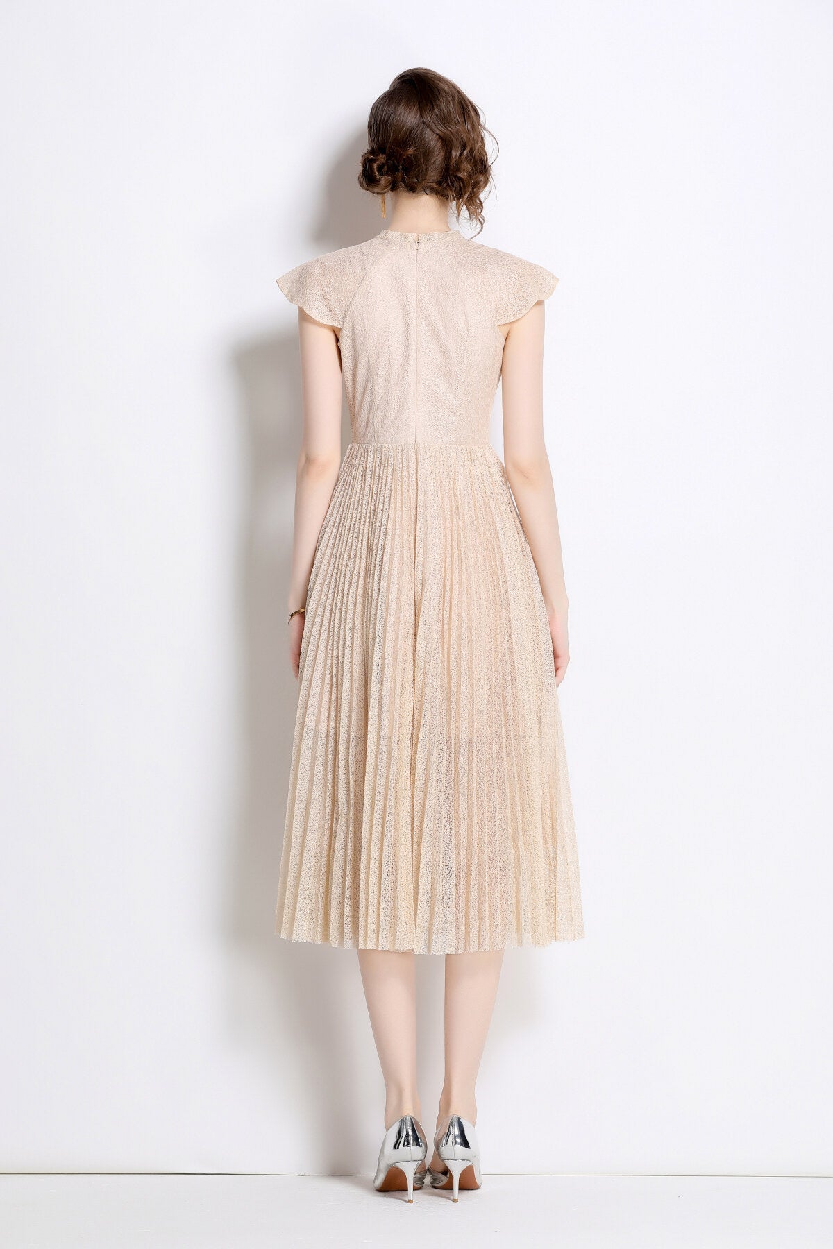 Apricot Lace Embroidered Pleated Midi Dress-3