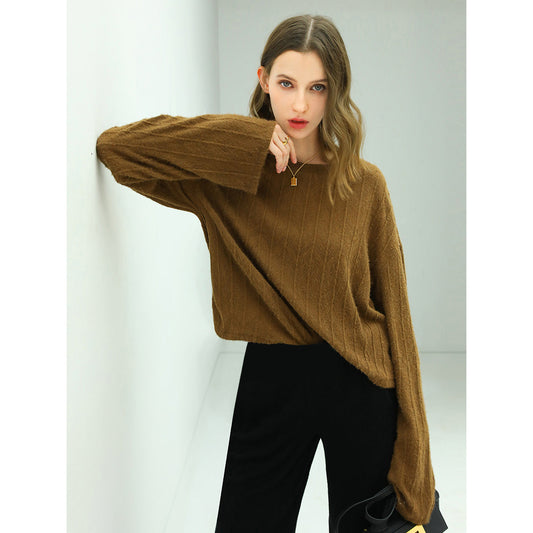 Baggy Trumpet Sleeved Textured Stripe Knit Top-1