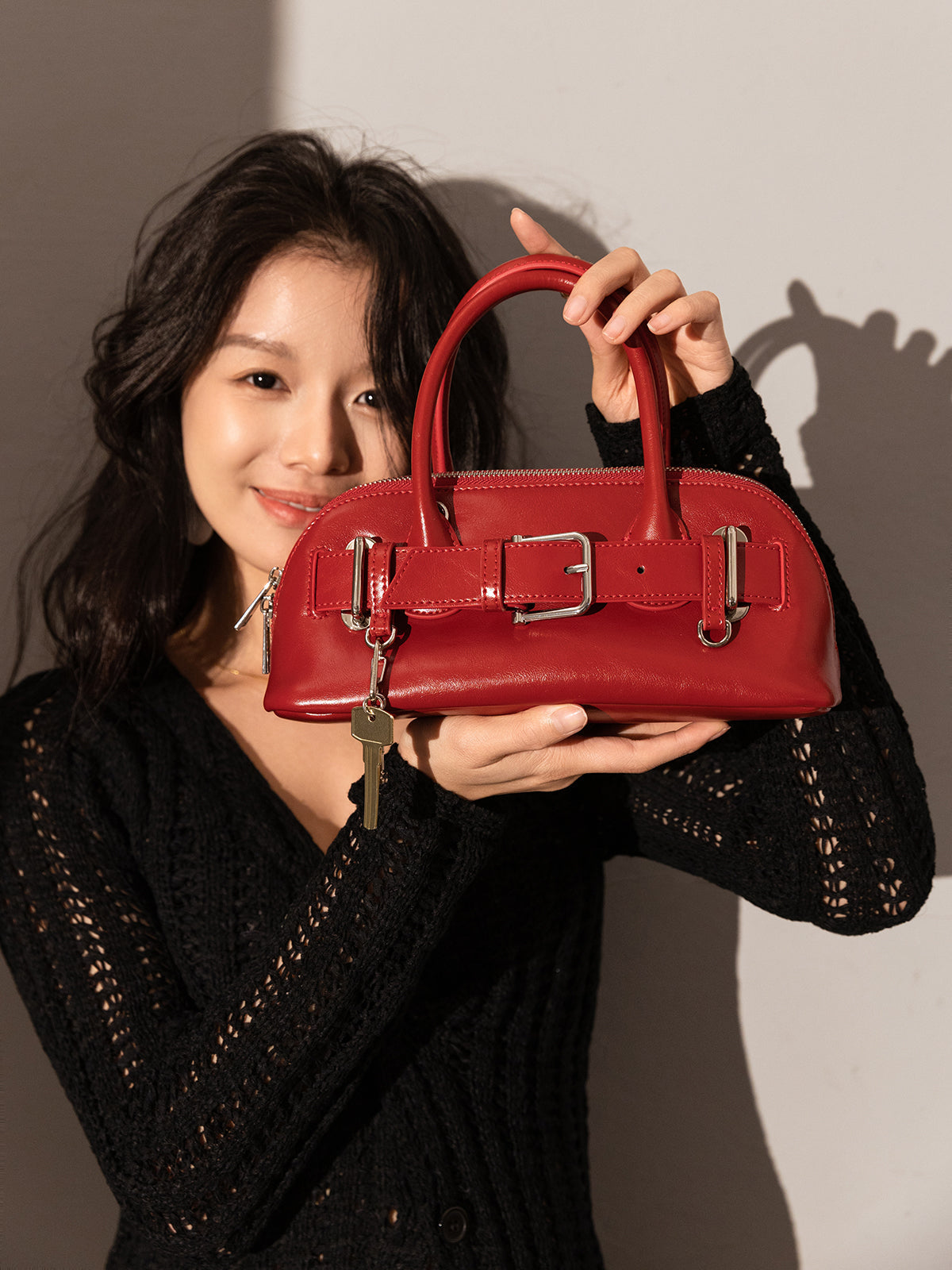 Baguette Belted Clasp Top Handle Bag-3