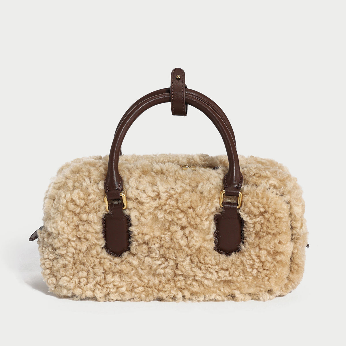 Beige Sherpa Fur Trimmed Elongated Top Handle Bag-0
