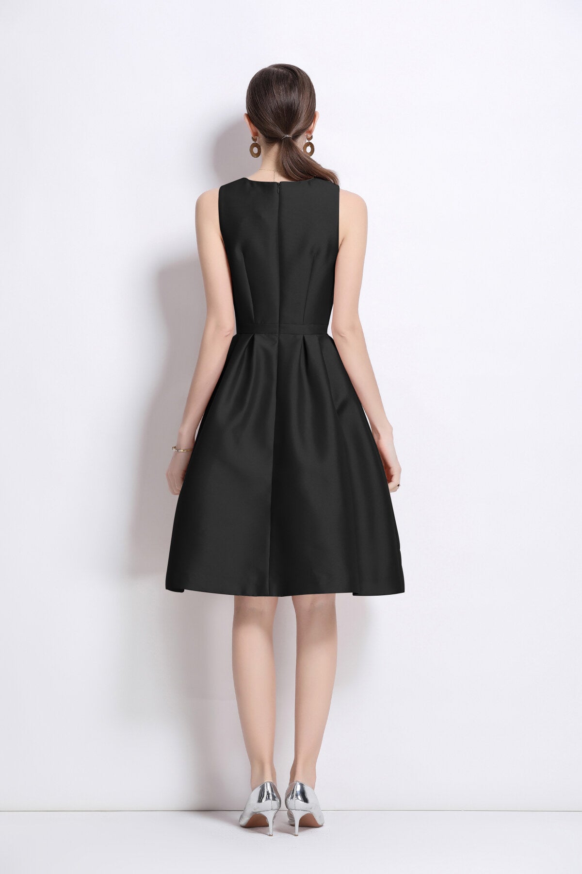 Belted Bowknot Satin Fitted Midi Dress-2