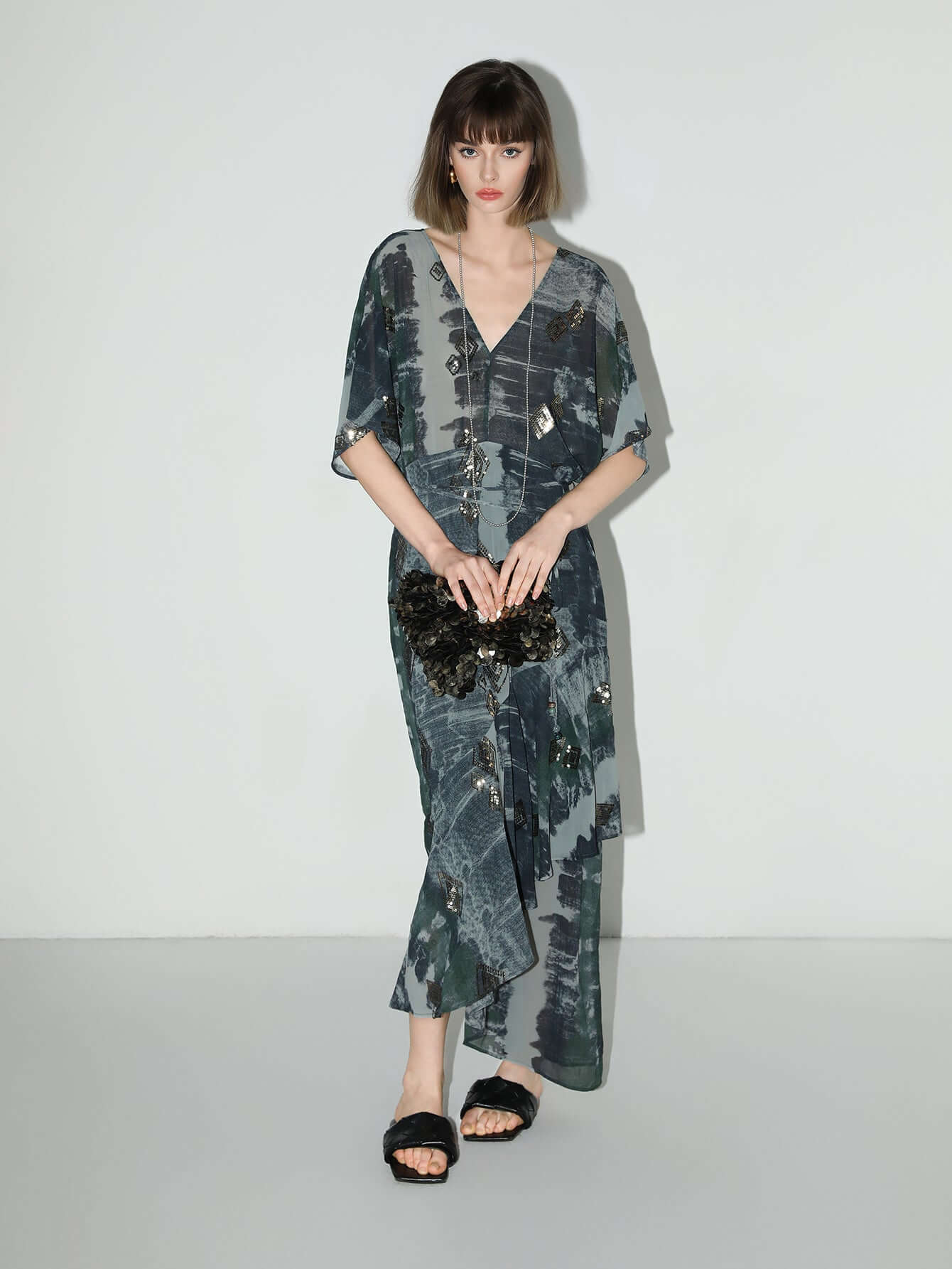 Black and Grey Tie-Dye Print Chiffon Dress-1