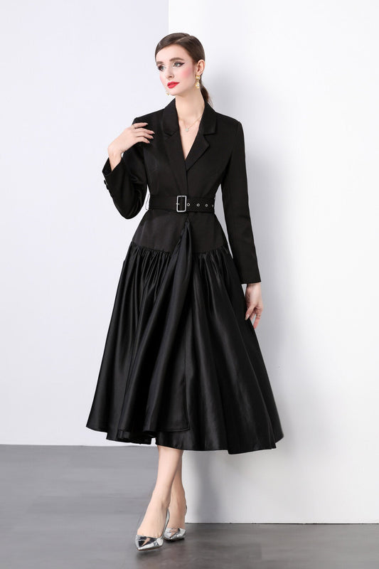 Black Belted Blazer Flared Midi Dress-0