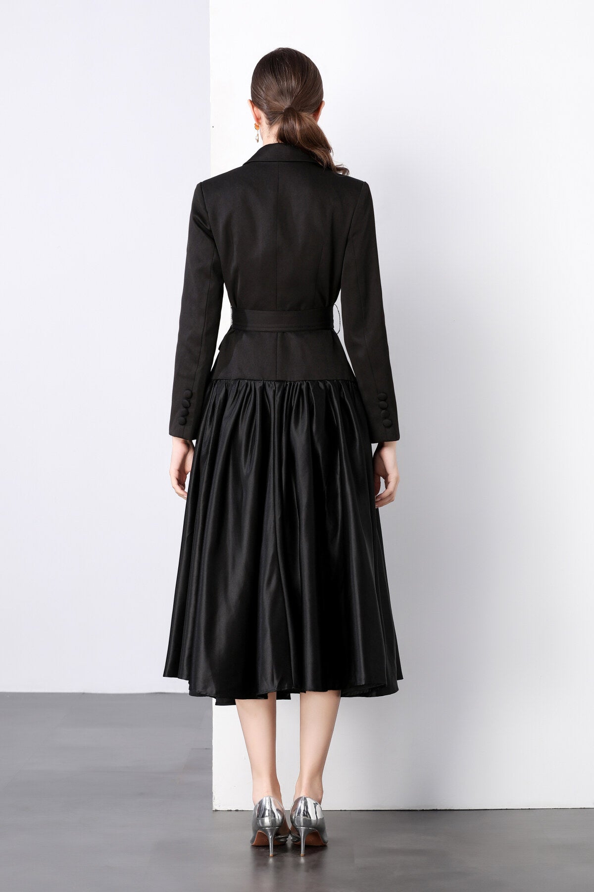 Black Belted Blazer Flared Midi Dress-3