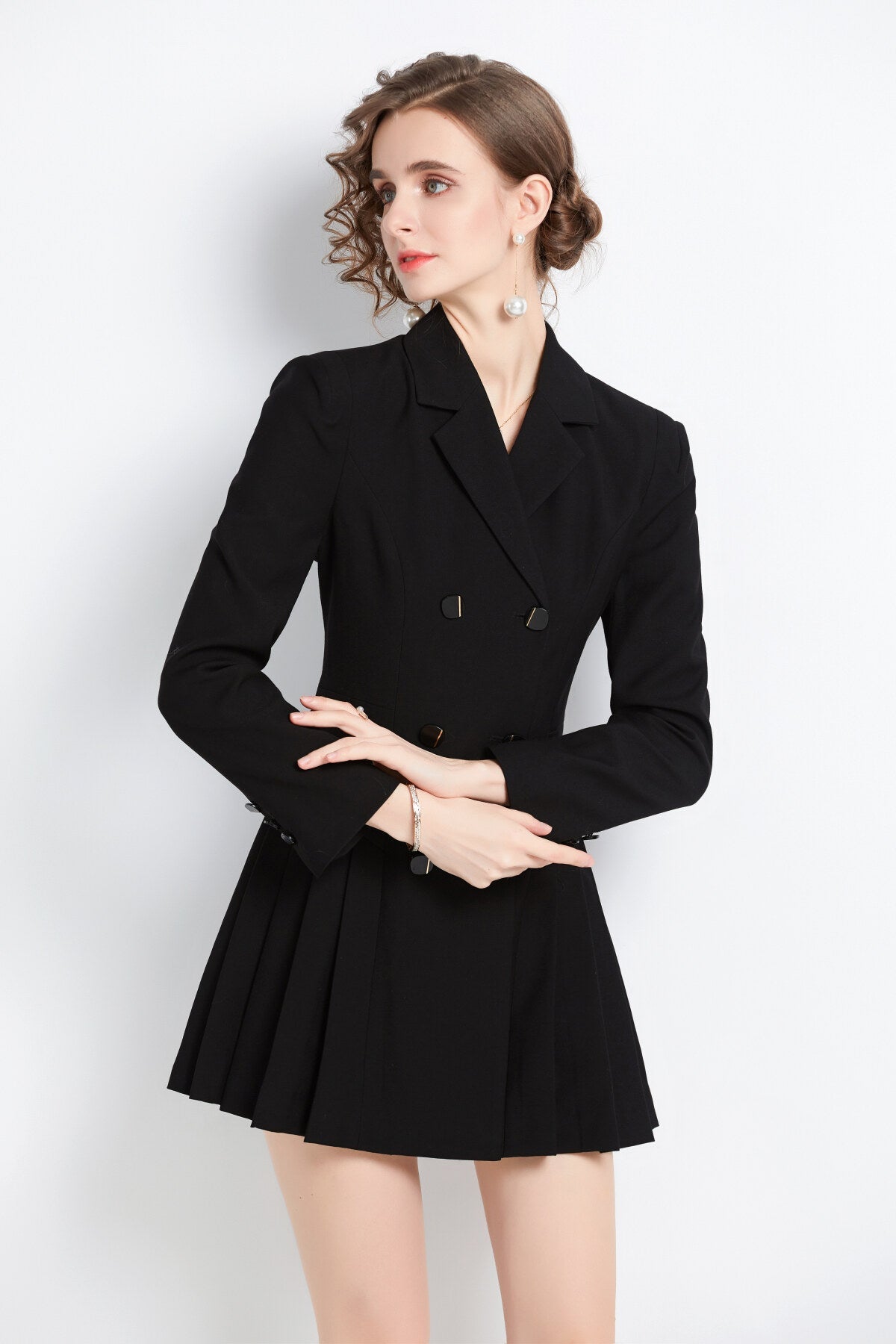 Black Pleated Cocktail Business Blazer Dress-1