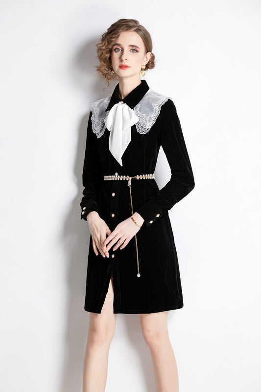 Black Velvet Embroidered Collar Button Up Long Sleeve Dress-1
