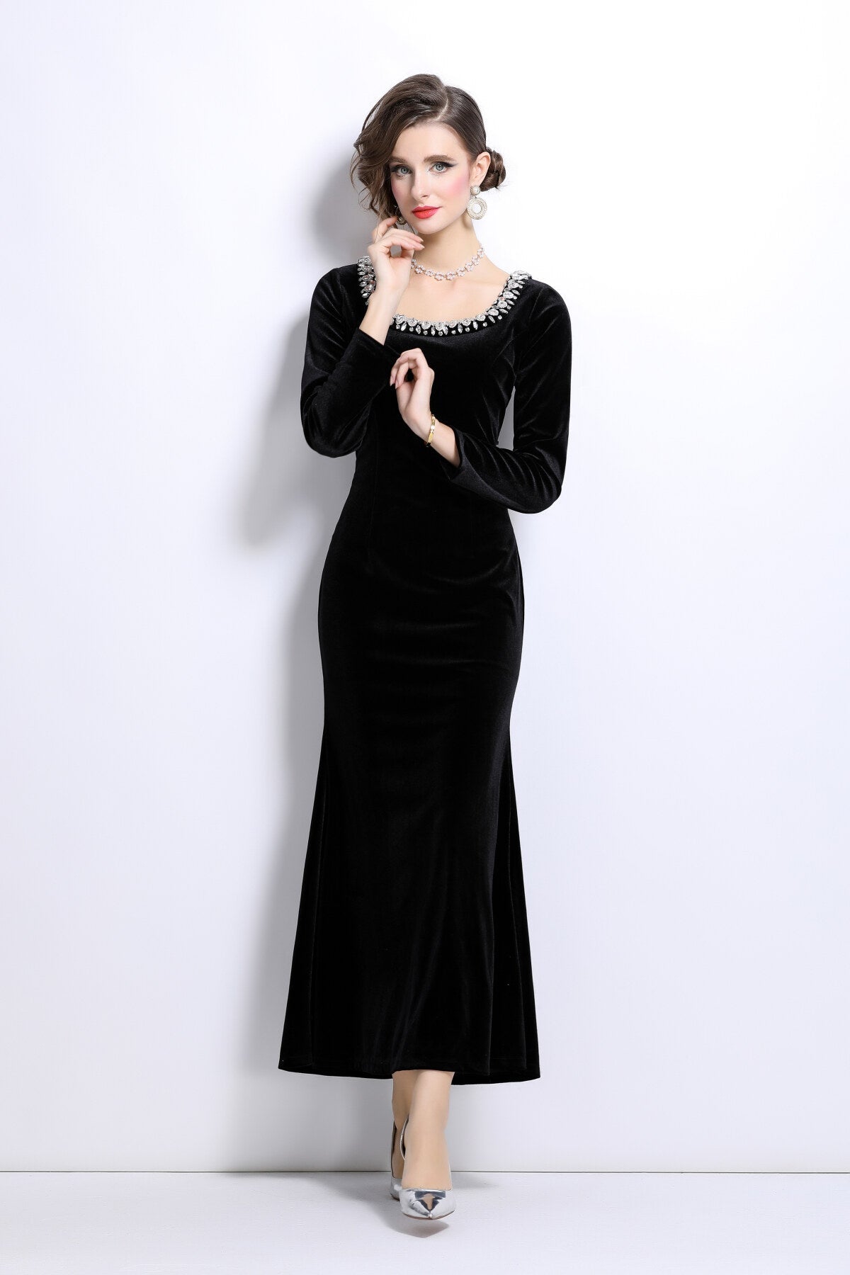 Black Velvet Vintage Fishtail Dress-2