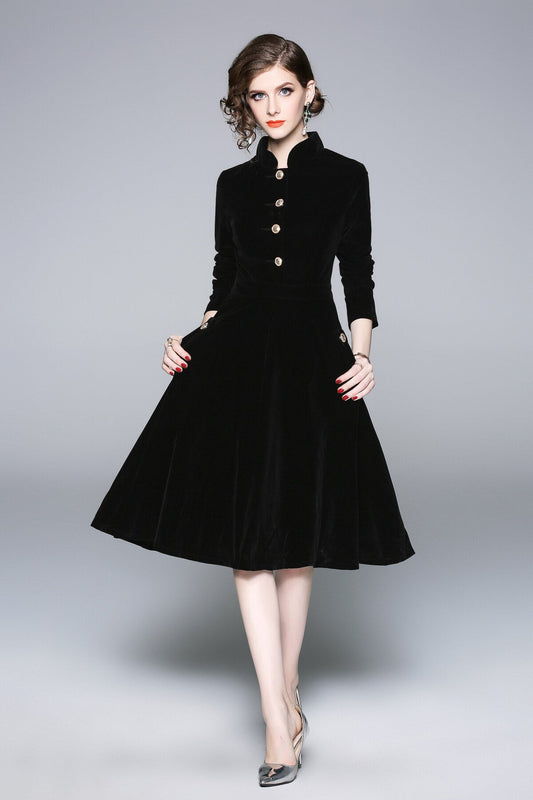 Black Velvet Vintage Stand Collar Fit and Flare Dress-0