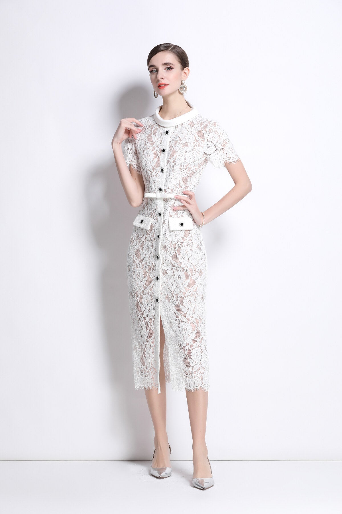 Blanca Slim Fit Round Neck Button Down Lace Dress-1