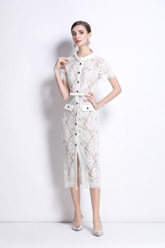 Blanca Slim Fit Round Neck Button Down Lace Dress-1