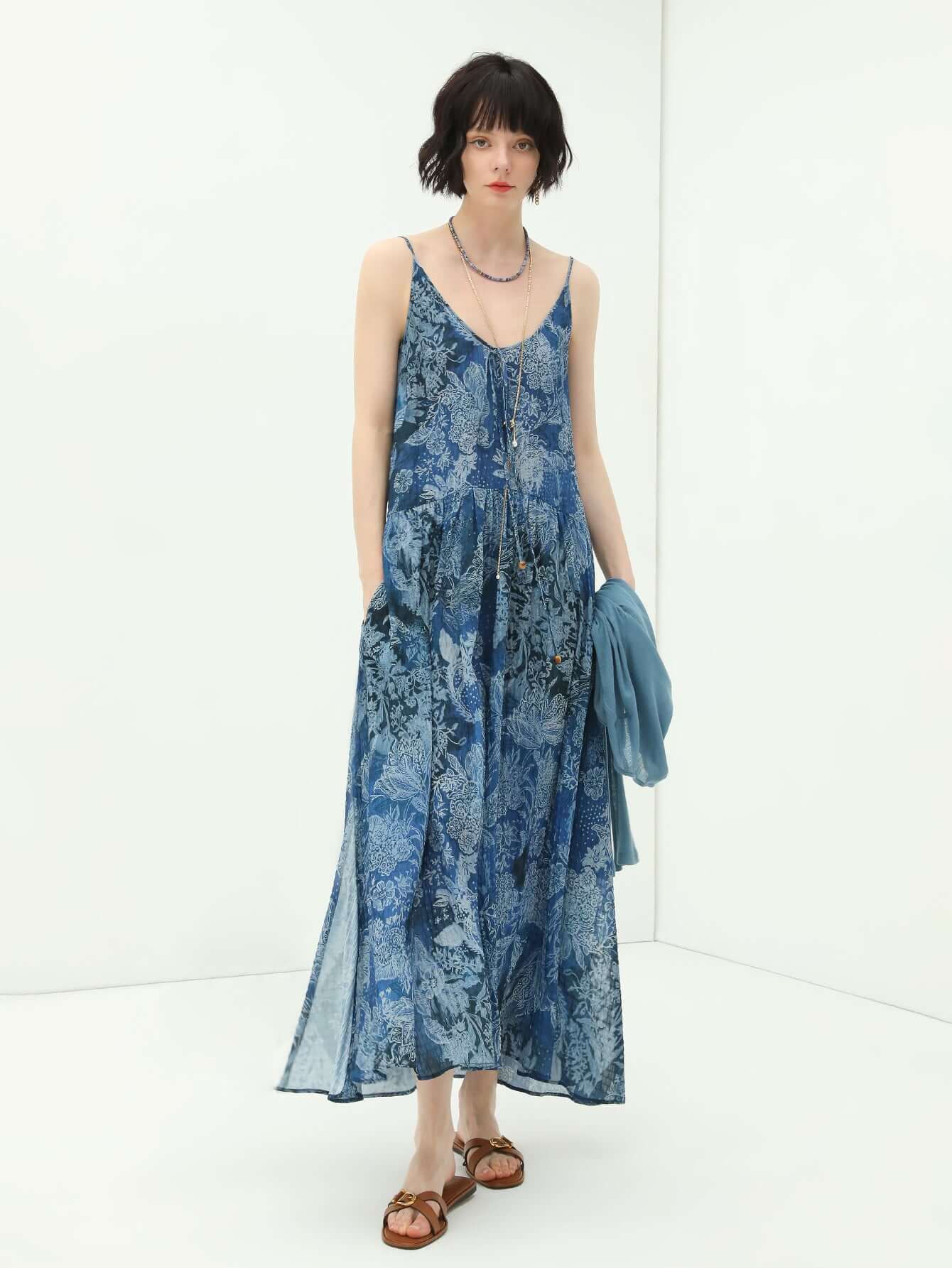 Bohemian Blue Floral Textured Maxi Dress-0