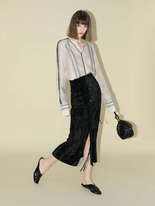 Bohemian White Lace Panel Striped Shirt-0