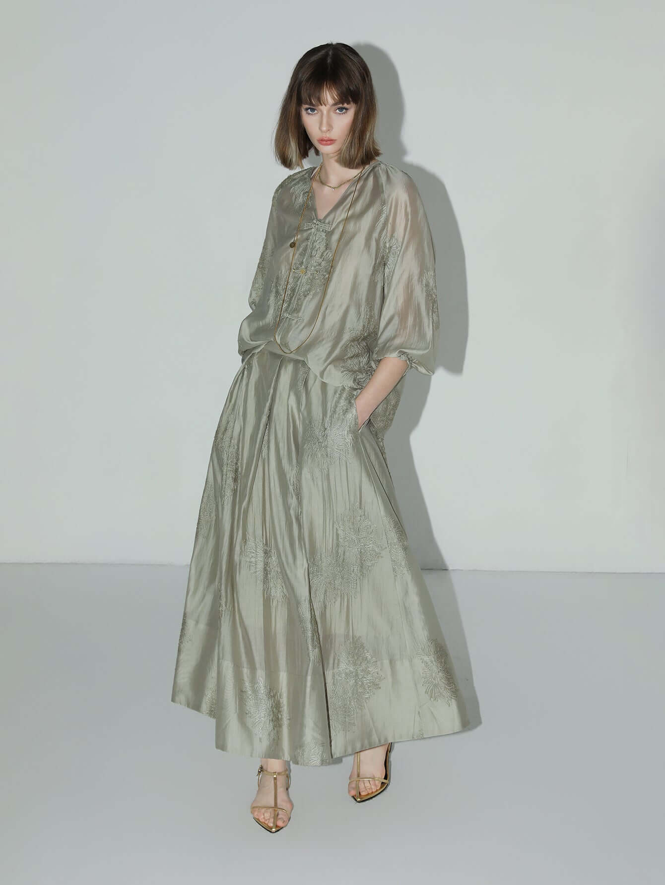 Brocade Button Embroidered Mint Green Kaftan Dress-0