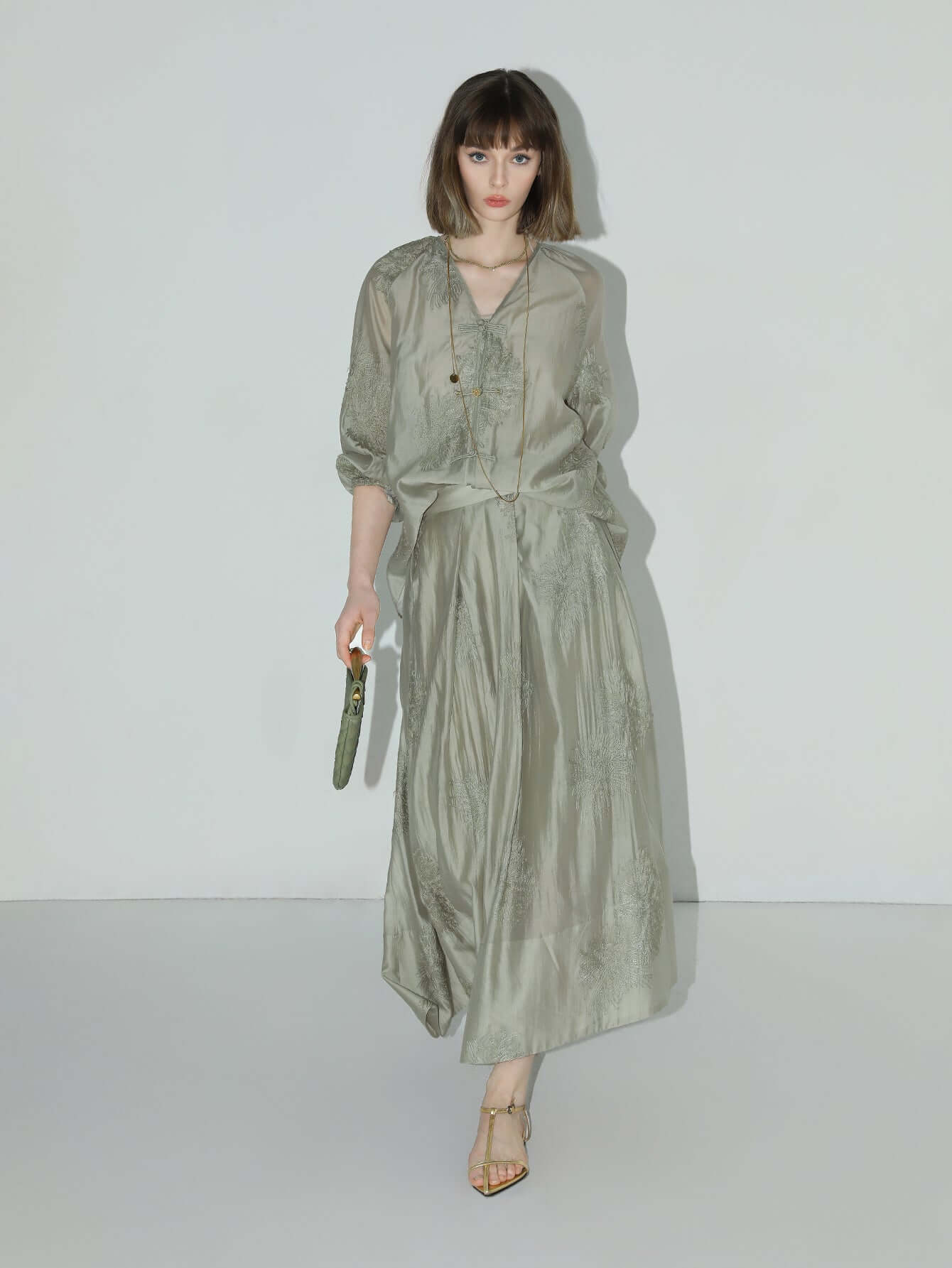 Brocade Button Embroidered Mint Green Kaftan Dress-1