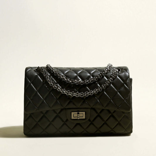 Capacious Black Quilted Bag with Metallic Chain Straps-0