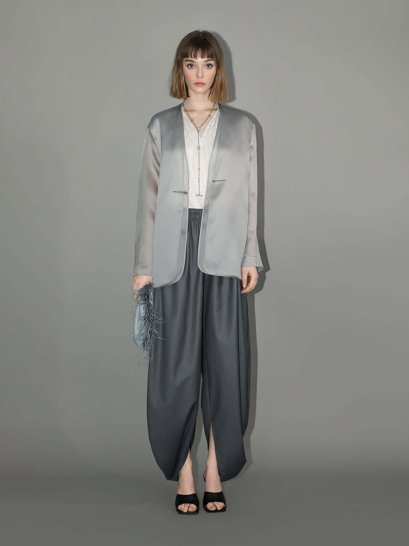 Charcoal Wide Leg Side Slit Satin Balloon Pants-0